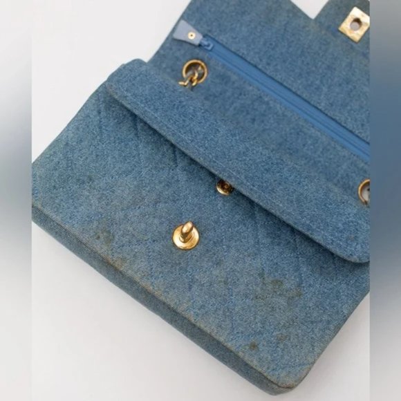 VTG CHANEL 1992 CLASSIC DENIM MEDIUM FLAP BAG PURSE CC TURN LOCK 24k - Picture 9 of 13